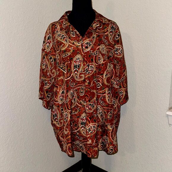 Cambridge Classic Shirt Men's Large Brown Paisley Silk Short Sleeve Button-Up - Picture 1 of 5